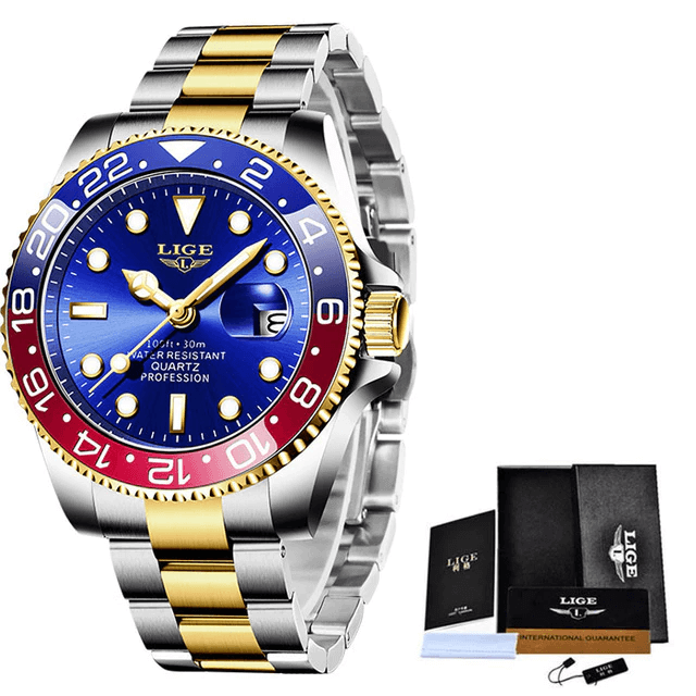 relógio de pulso masculino aço elegante com mostrador azul e vermelho, pulseira de aço inoxidável, estilo sofisticado.